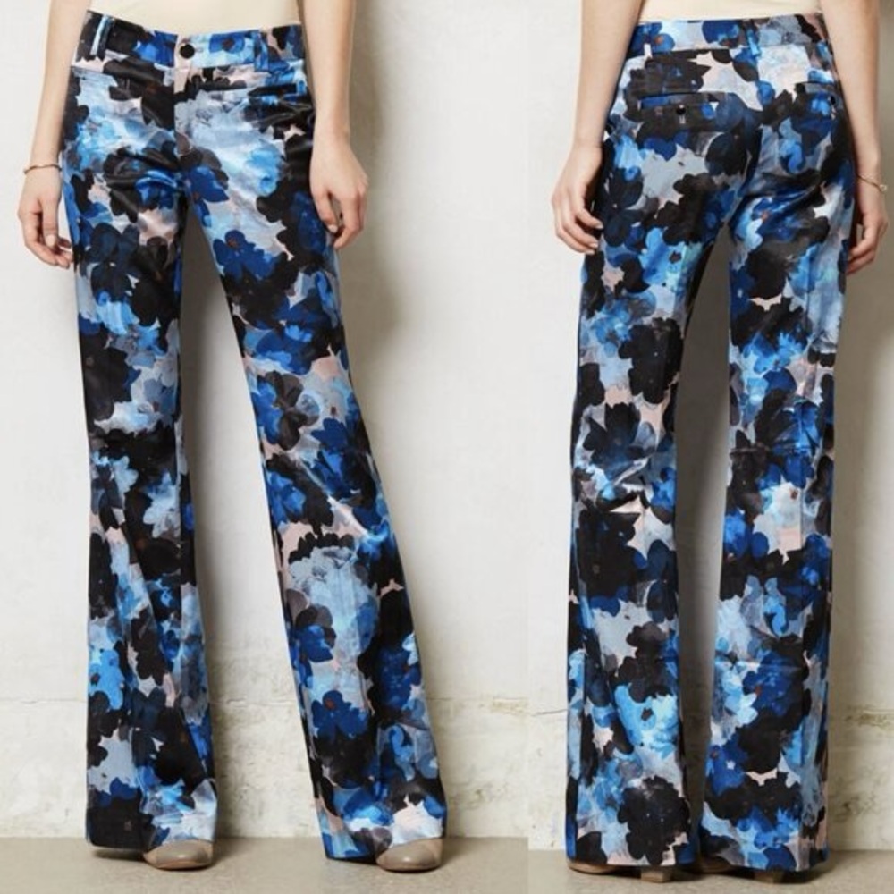 Elevenses Floral Brighton Satin Wide Legs Trouser Pants Blue Anthropologie